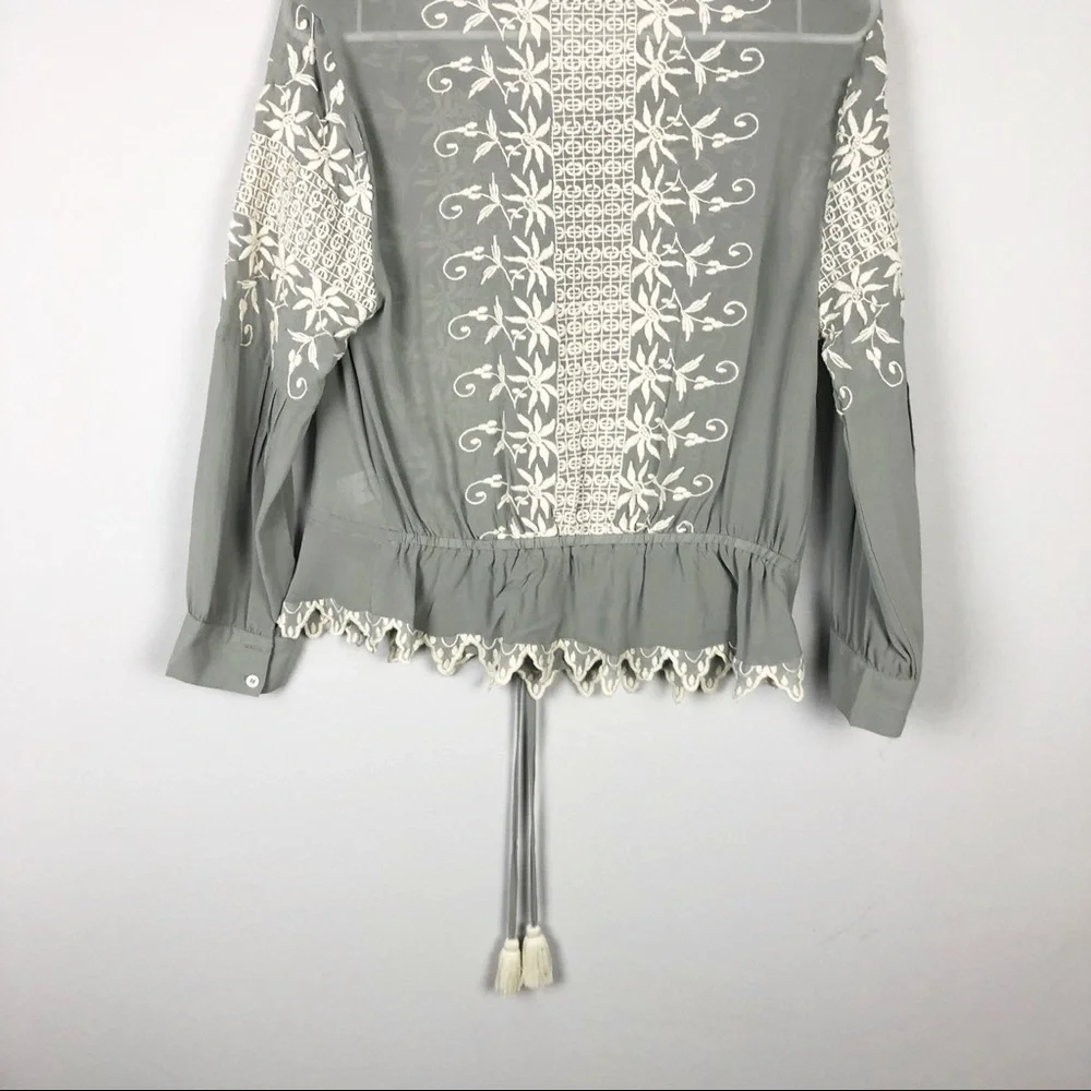 LoveShackFancy Embroidered Silk Georgette Long Sleeve Prairie Top Green Casual - Picture 5 of 11